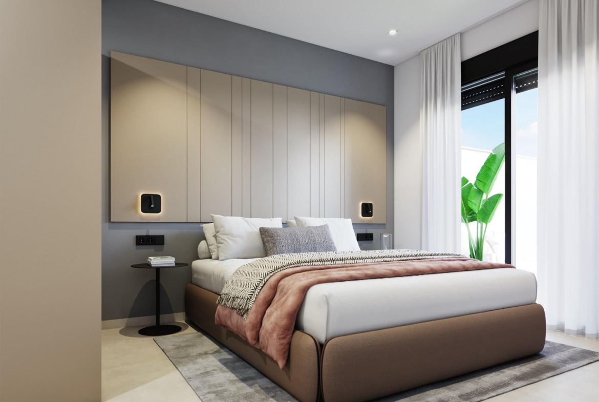 Sun-drenched modern bedroom in a new build 3-bedroom ground floor home in Pilar de la Horadada, Costa Blanca