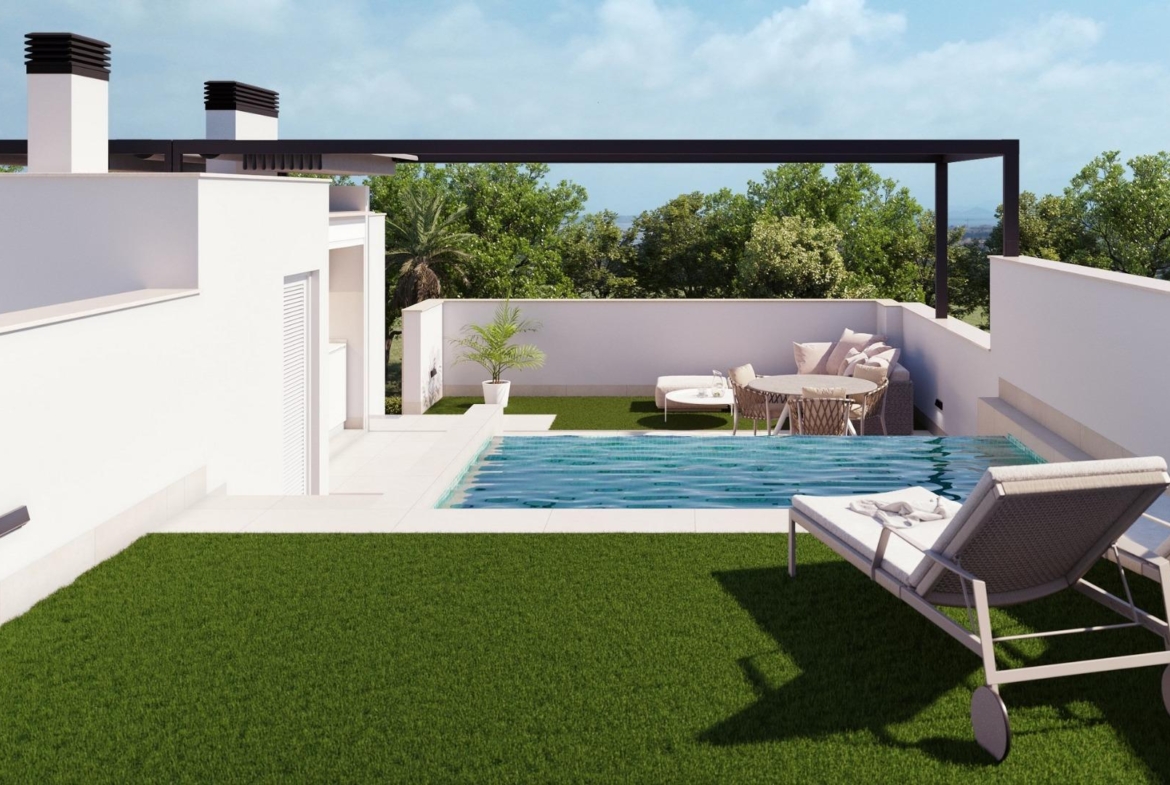 Spacious terrace with sleek private pool, modern sun loungers, and elegant outdoor seating in a new build home in Costa...