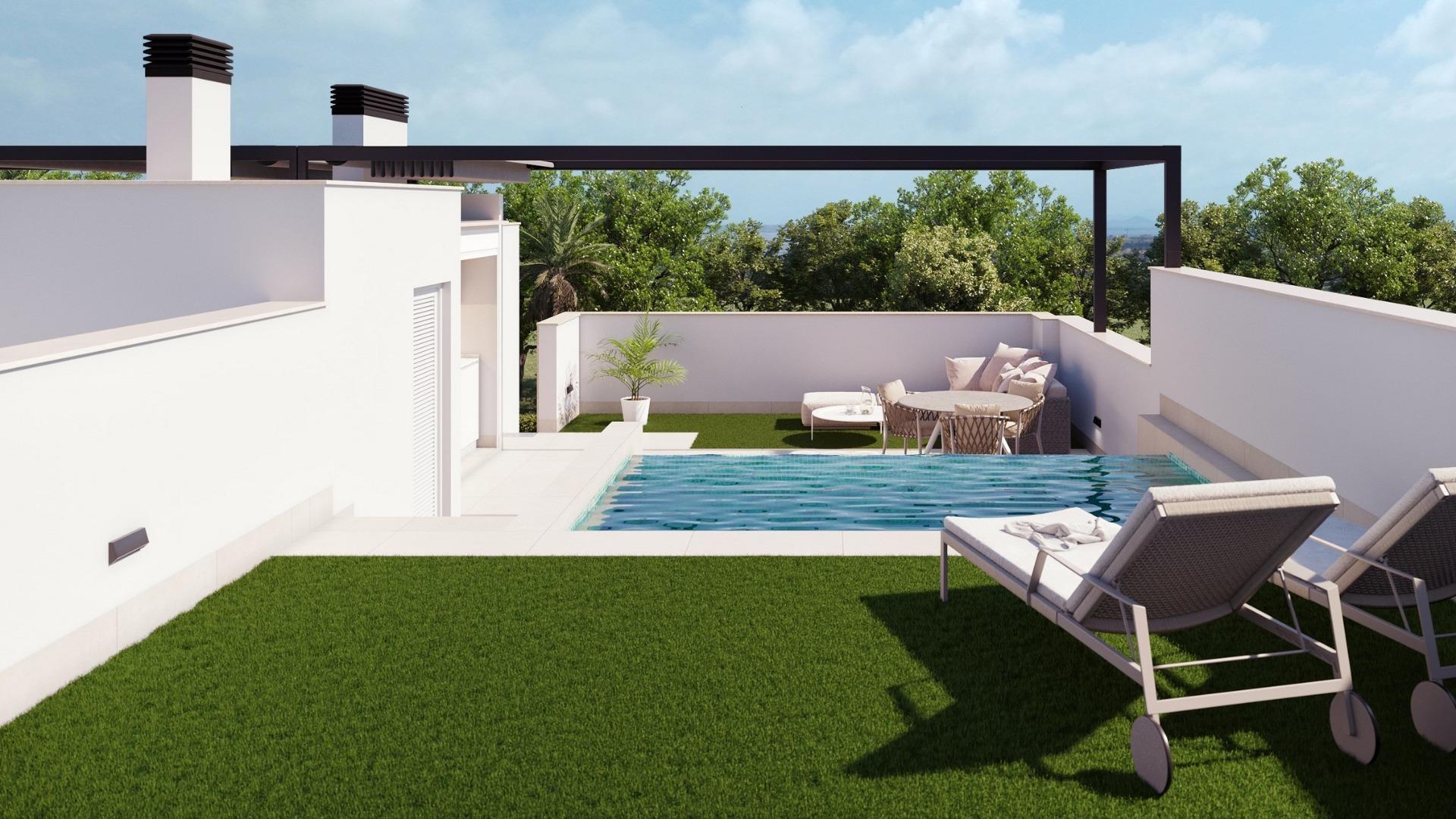 Spacious terrace with sleek private pool, modern sun loungers, and elegant outdoor seating in a new build home in Costa...
