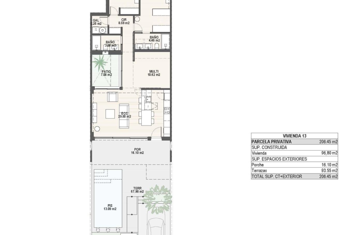 Detailed floor plan of a modern 3-bedroom ground floor home with spacious terrace, private pool, and garden in Pilar de...