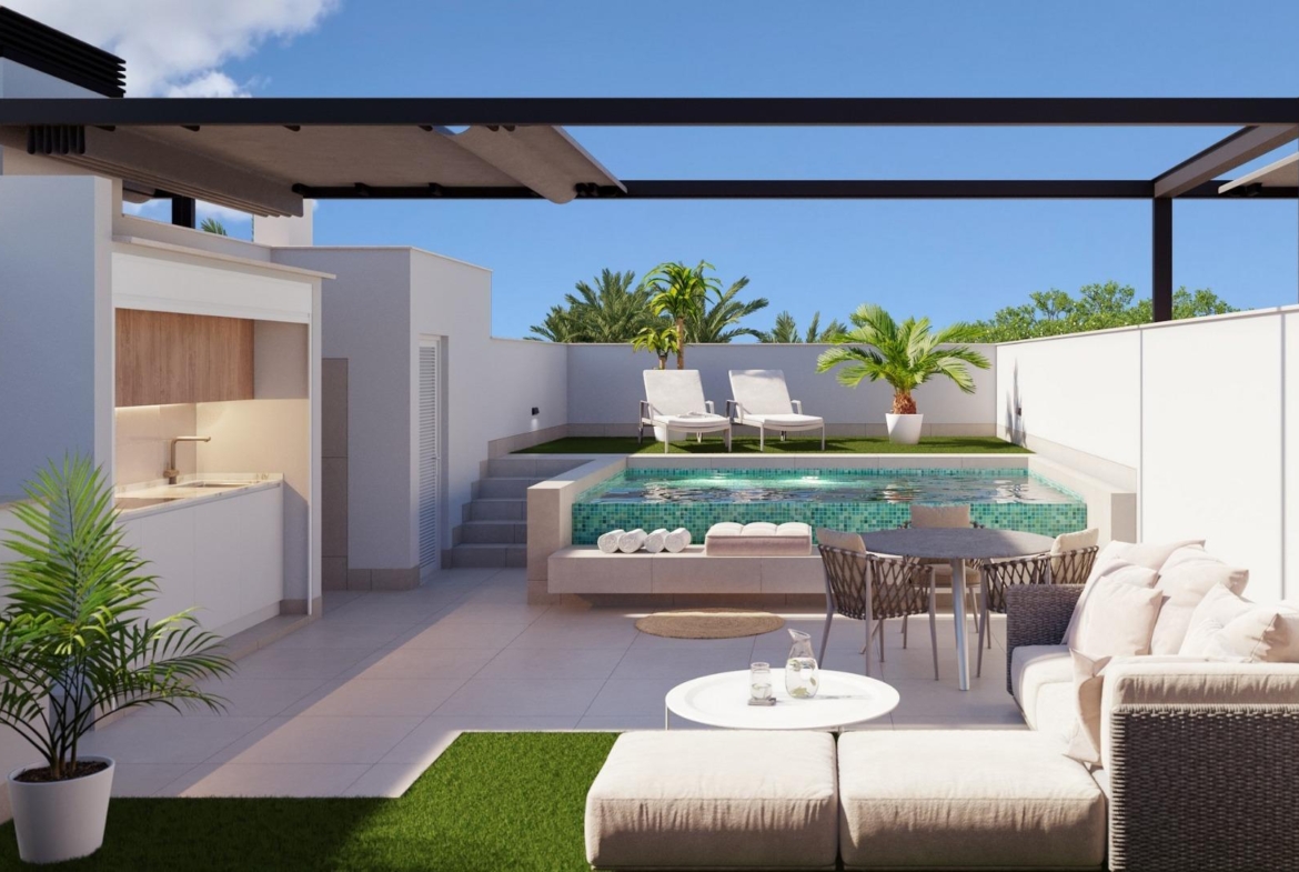 Bright and modern 3-bedroom ground floor home in Pilar de la Horadada featuring a private pool, garden, and sleek outdoor...