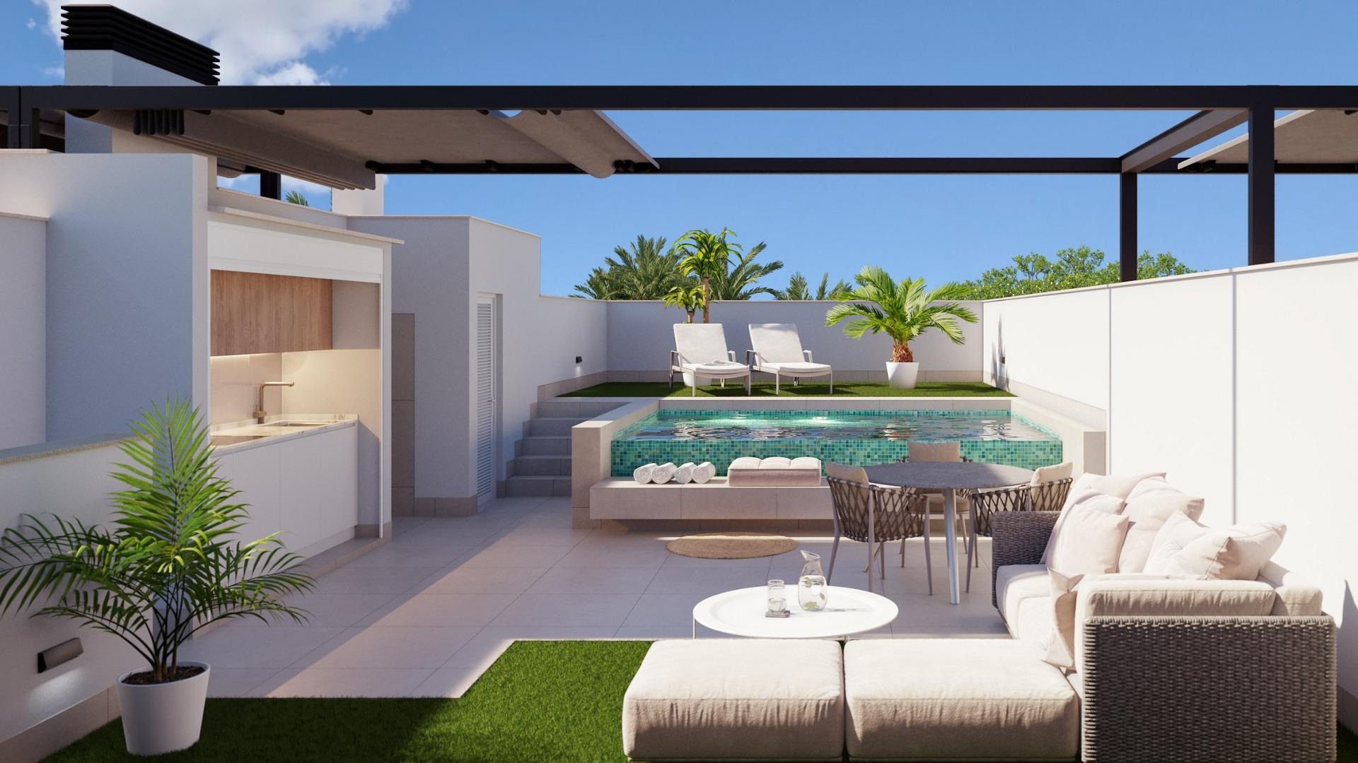 Bright and modern 3-bedroom ground floor home in Pilar de la Horadada featuring a private pool, garden, and sleek outdoor...