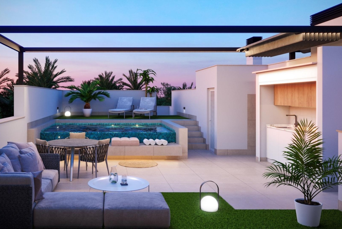 Spacious modern ground floor home terrace in Pilar de la Horadada with elegant pool, lush garden, and cozy outdoor...