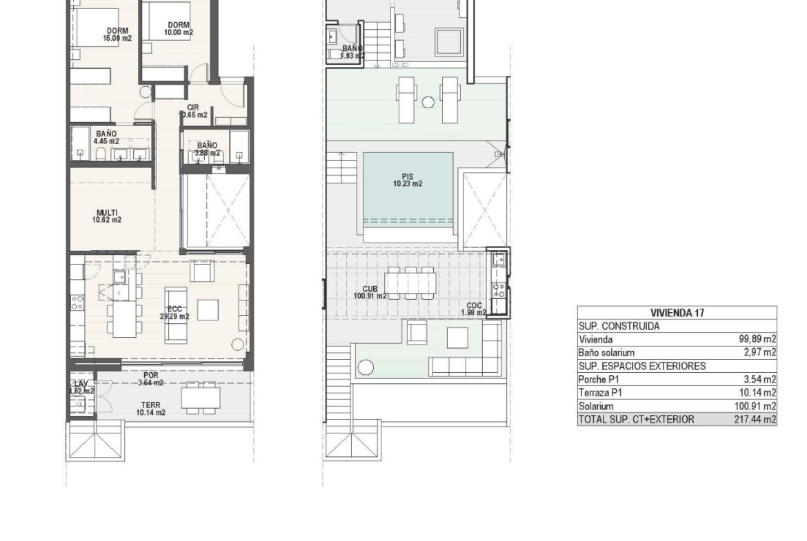 Detailed modern floor plan of a spacious 3-bedroom top floor home with private pool and solarium in Pilar de la Horadada