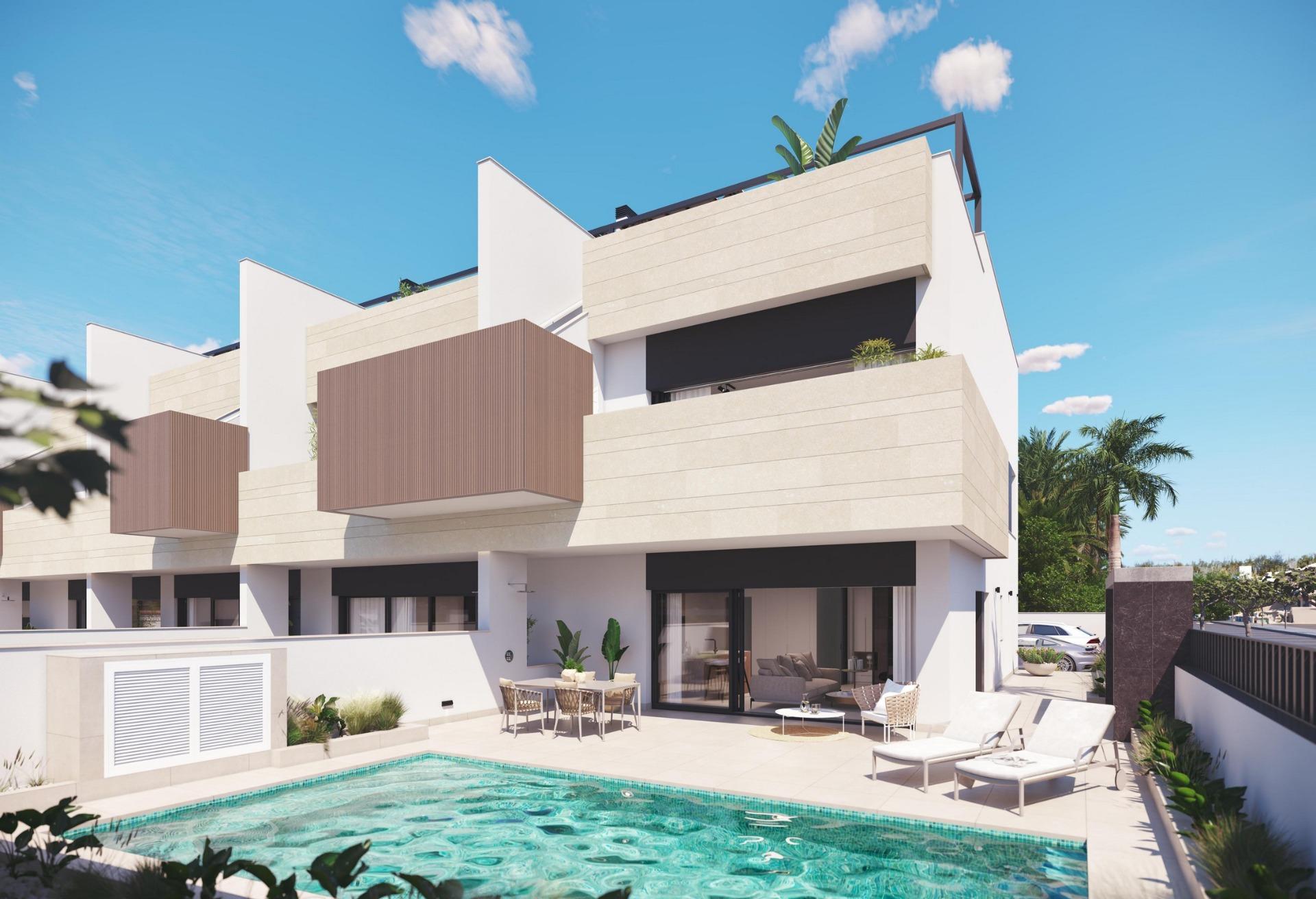 Modern three-bedroom ground floor home in Pilar de la Horadada with private turquoise pool, sun-drenched terrace, and...