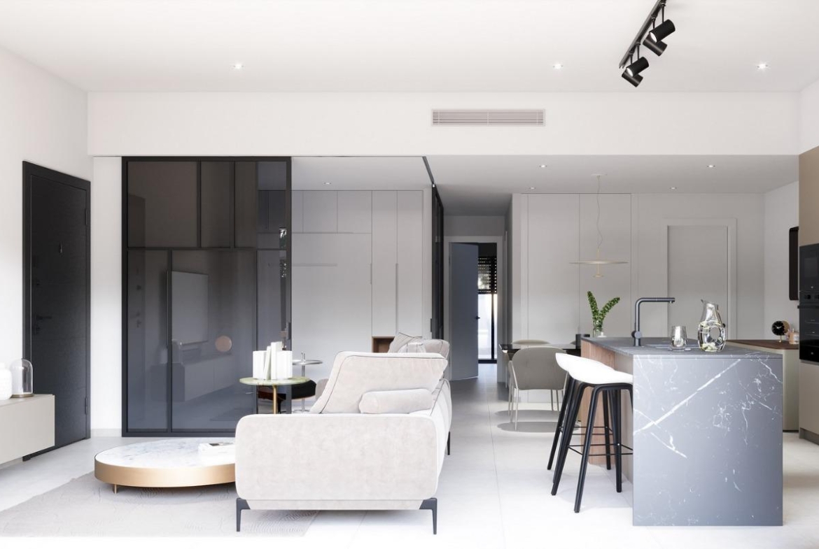 Bright and spacious modern open-plan living room and kitchen in elegant 3-bedroom ground floor home in Pilar de la Horadada