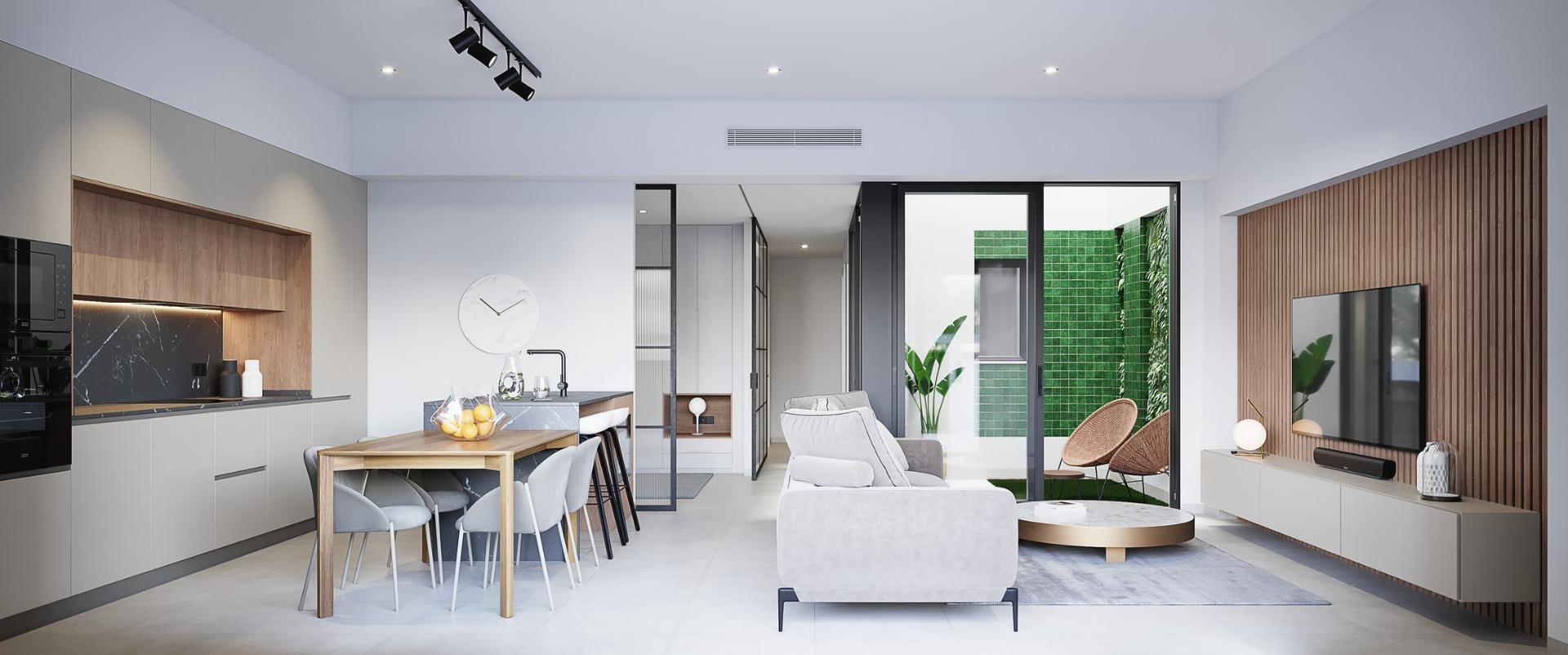 Bright and modern 3-bedroom ground floor home with sleek kitchen, cozy living area, and green tiled patio in Pilar de la...