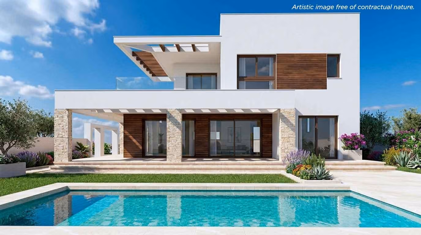 Spacious modern 3-bedroom villa in Ciudad Quesada with sleek white facade, stone accents, lush garden, and private...
