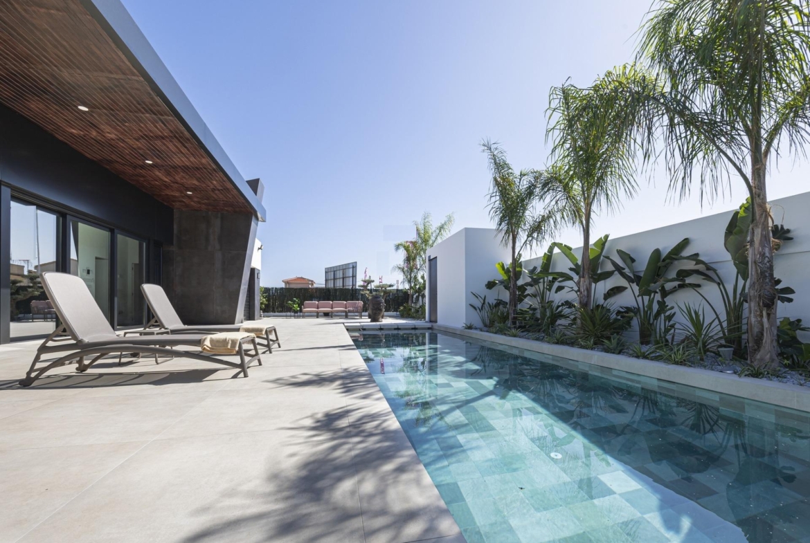 Sun-drenched modern 3-bedroom villa in Ciudad Quesada with sleek outdoor pool, palm trees, and spacious tiled terrace...