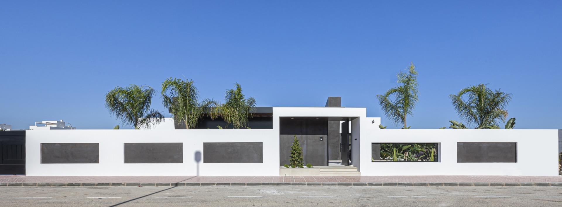 Sleek and modern bespoke 3-bedroom villa with clean white facade and lush palm trees in sunny Ciudad Quesada, Costa Blanca