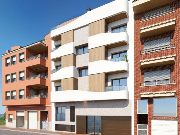 Modern sleek three-bedroom apartment with curved balconies and wood accents in sun-drenched Guardamar del Segura, Costa...