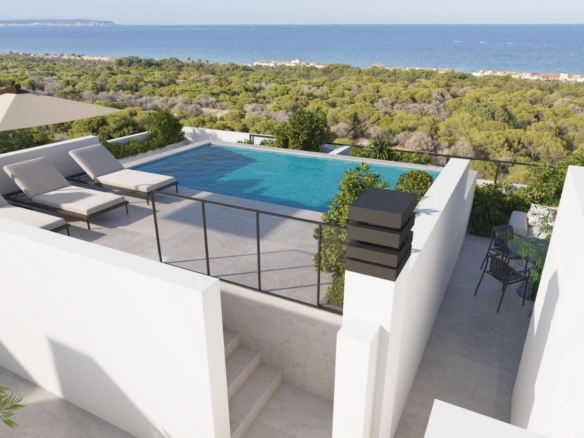 Sun-drenched exclusive penthouse terrace with sleek private pool, cushioned sun loungers, and panoramic sea views in...