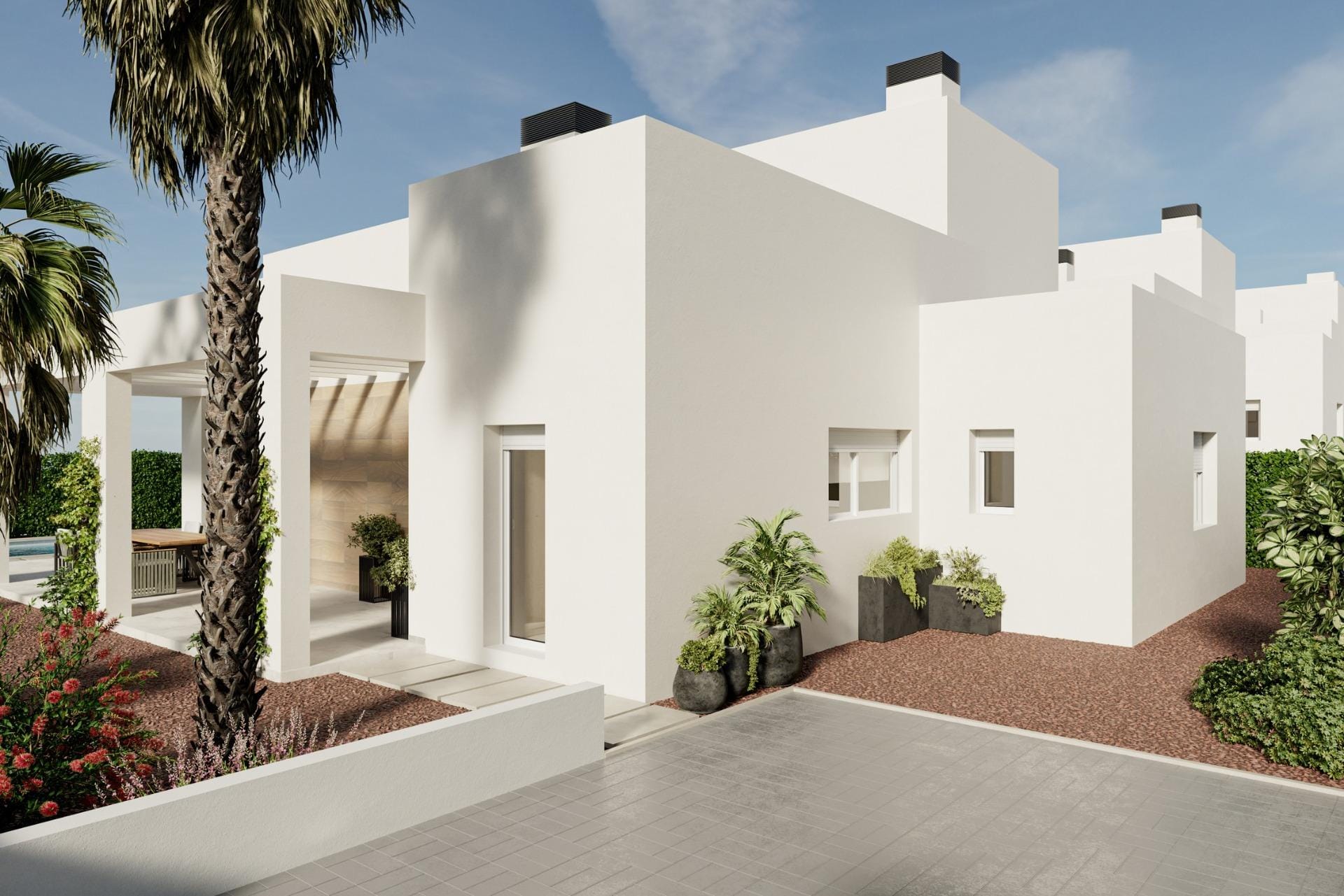 Villa entrance and landscaped garden render in La Finca Golf, Algorfa, Alicante