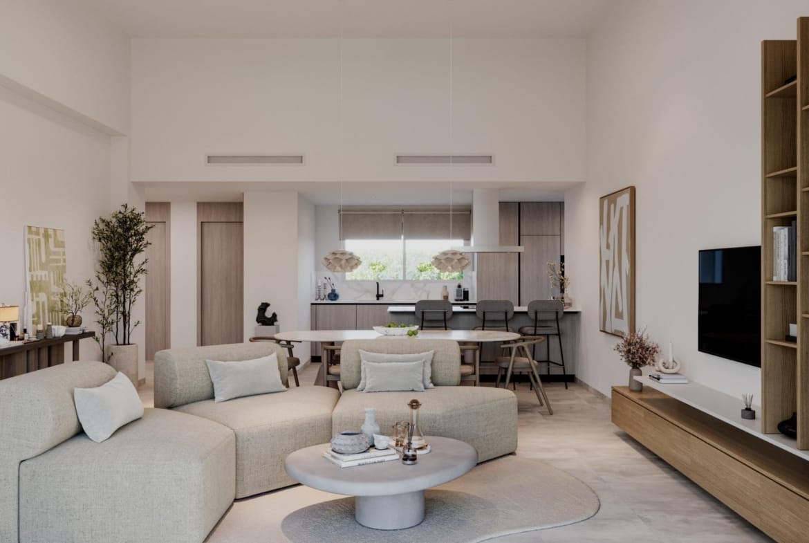 Open-plan living and dining area render in La Finca Golf, Algorfa, Alicante