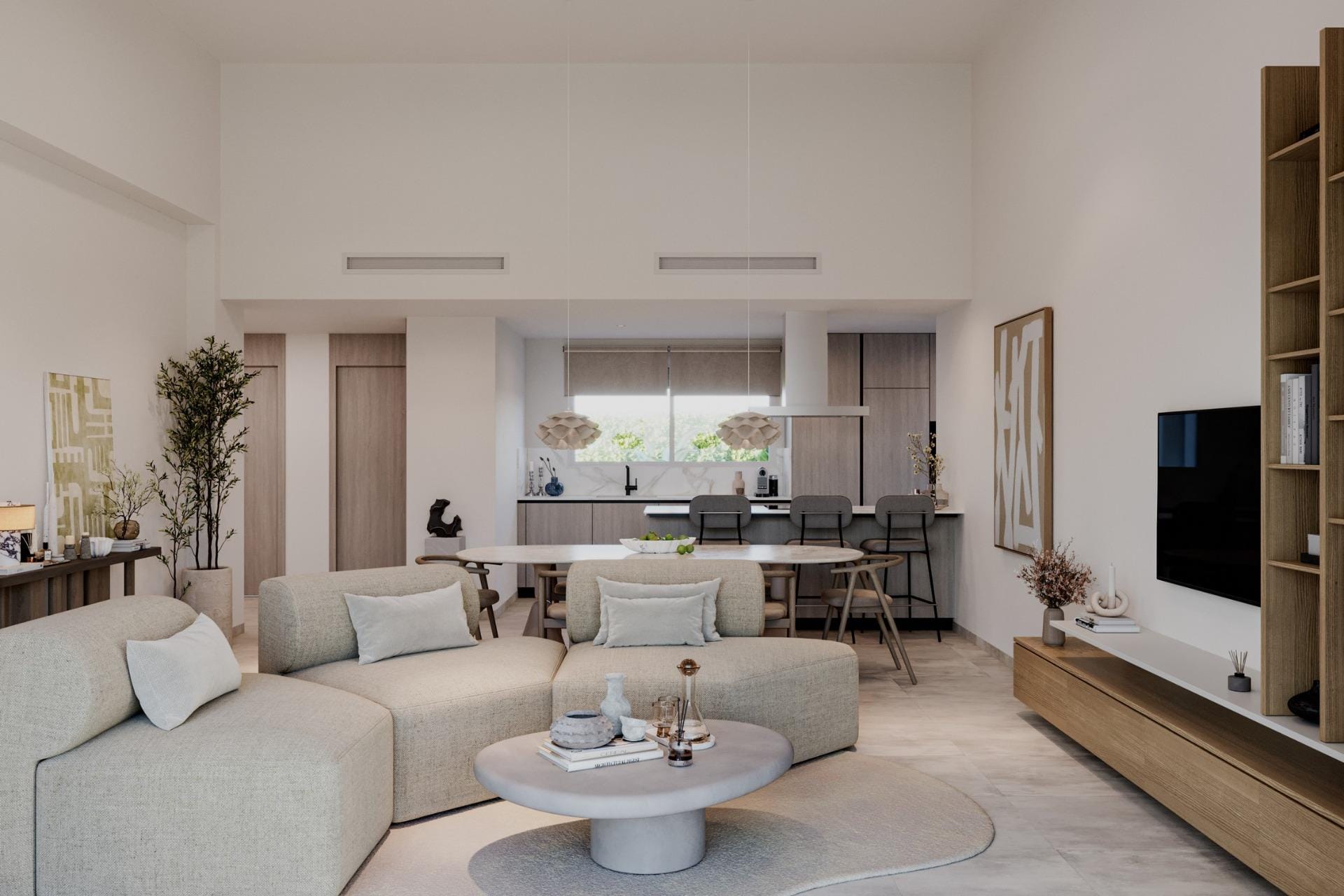 Open-plan living and dining area render in La Finca Golf, Algorfa, Alicante