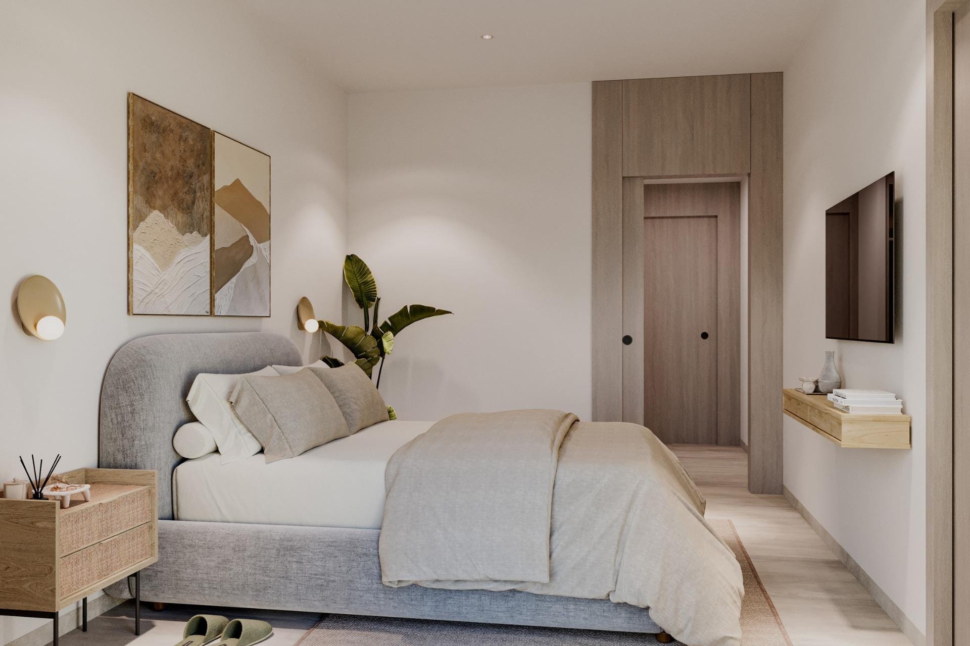Double bedroom and fitted wardrobe render in La Finca Golf, Algorfa, Alicante
