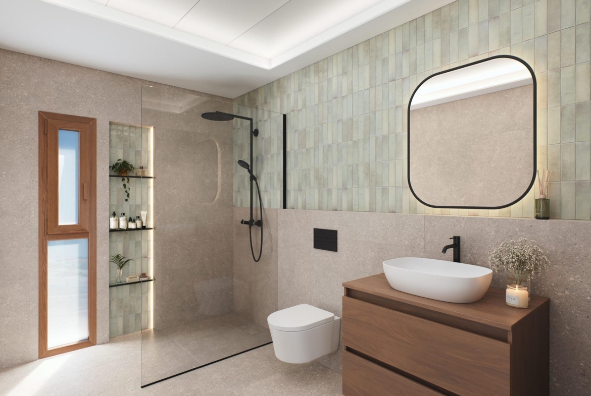 Contemporary-style-townhouses-with-private-swimming-pools-10 Bathroom featuring walk-in shower with glass screen, wall tiles and wooden vanity