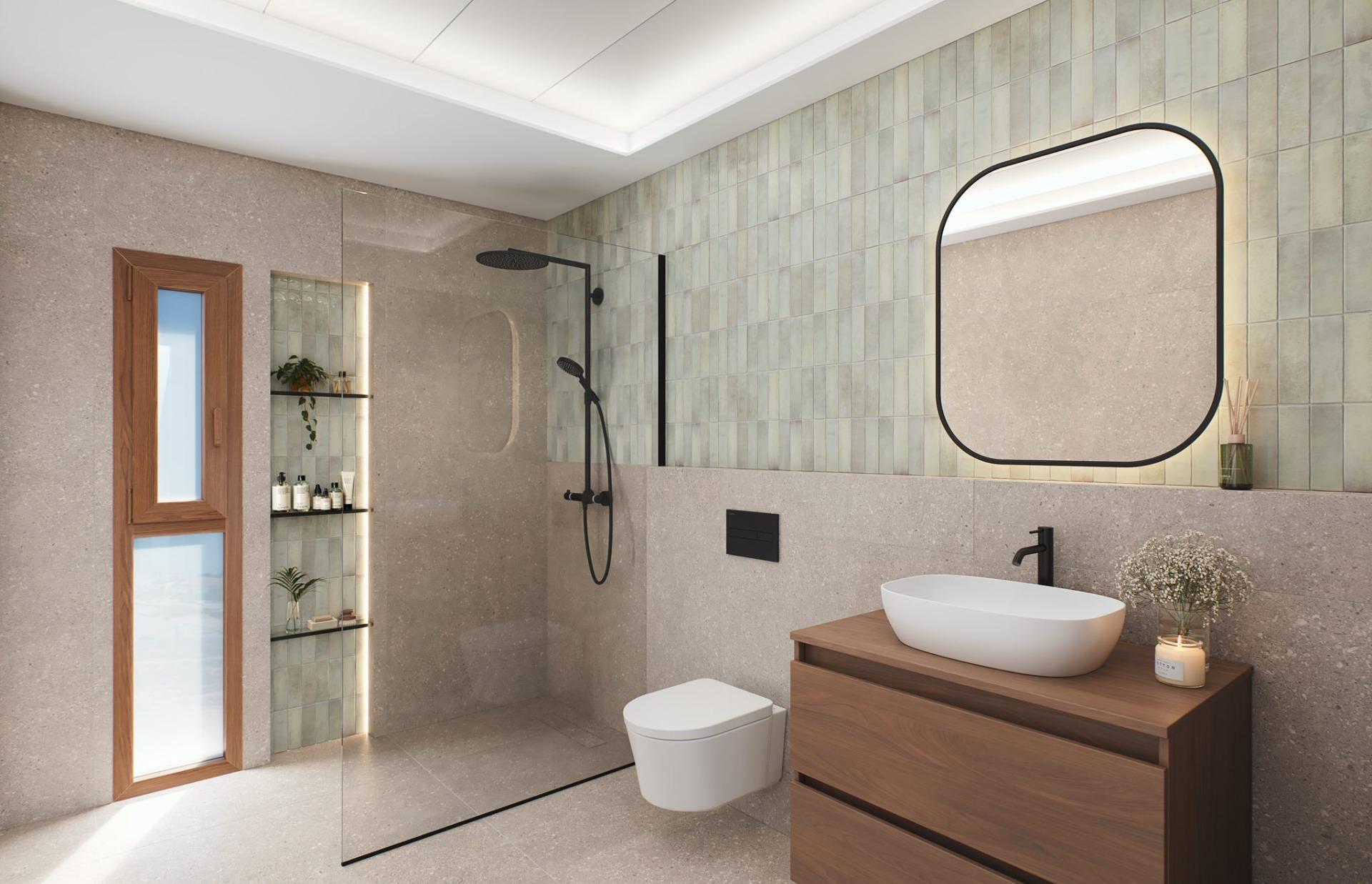 Contemporary-style-townhouses-with-private-swimming-pools-10 Bathroom featuring walk-in shower with glass screen, wall tiles and wooden vanity