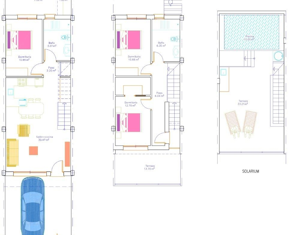 Contemporary-style-townhouses-with-private-swimming-pools-11 Architectural floor distribution plan showing ground floor, first floor and solarium levels