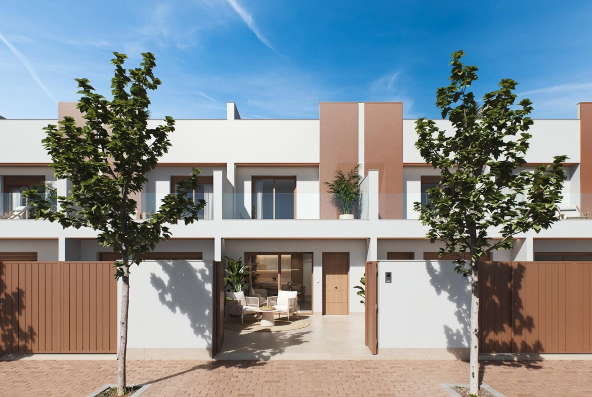 Contemporary-style-townhouses-with-private-swimming-pools-4 Street-level view of a row of white contemporary townhouses with gated frontages