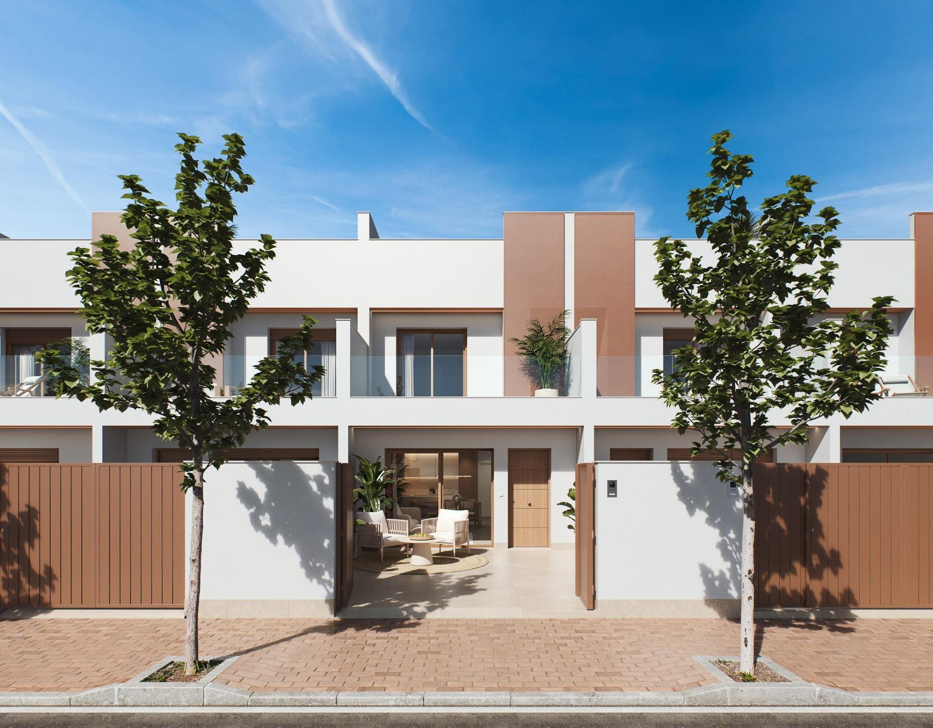Contemporary-style-townhouses-with-private-swimming-pools-4 Street-level view of a row of white contemporary townhouses with gated frontages