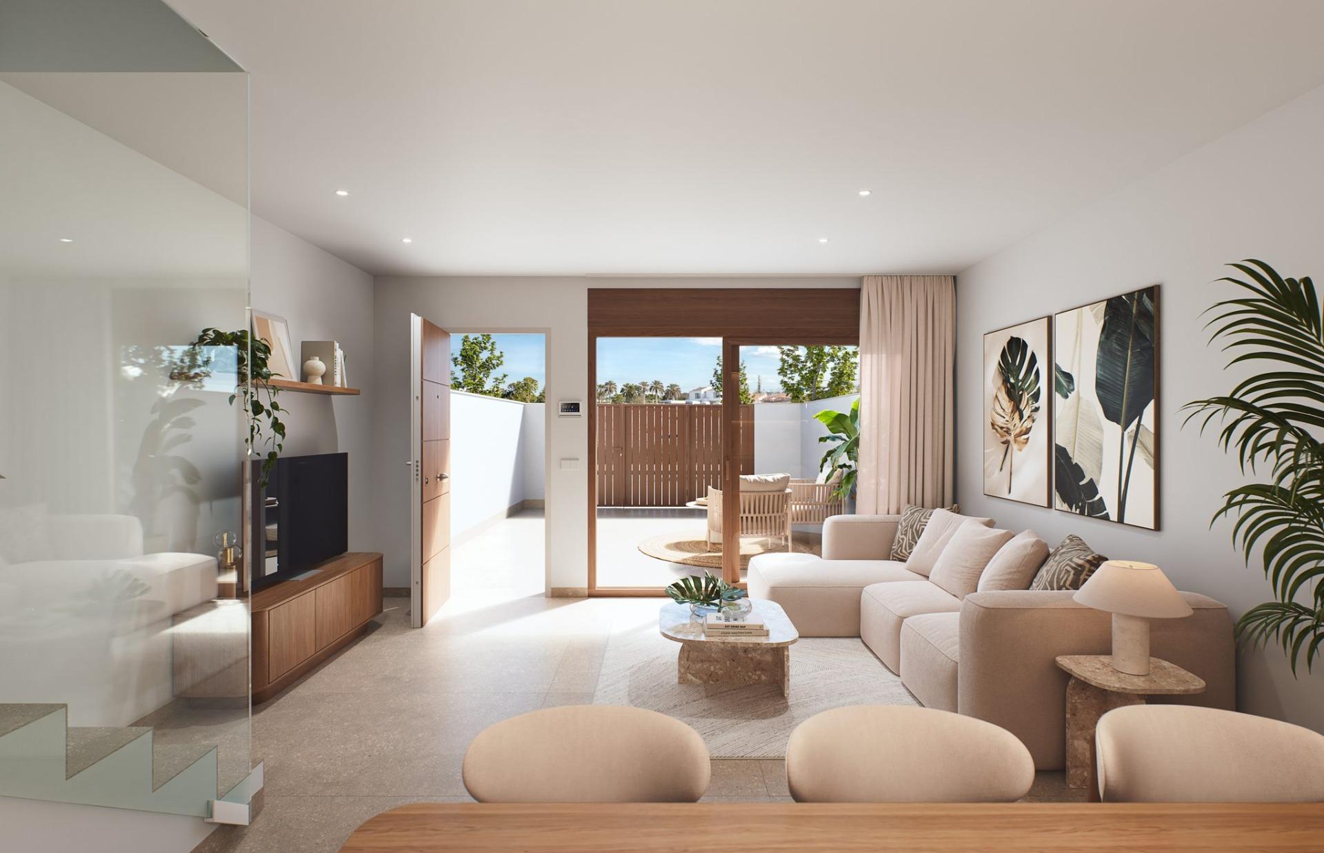 Contemporary-style-townhouses-with-private-swimming-pools-5 Open gate leading to a small front courtyard with seating and upper balcony