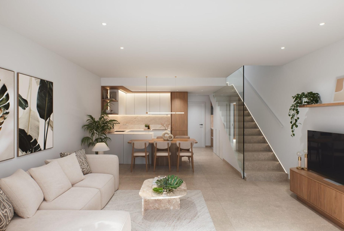 Contemporary-style-townhouses-with-private-swimming-pools-6 Bright living room looking through sliding doors to a fenced terrace and seating