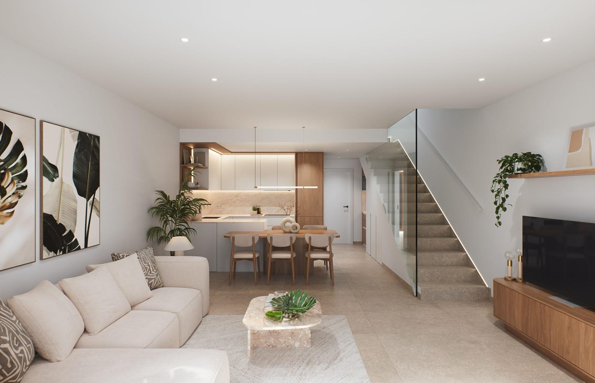 Contemporary-style-townhouses-with-private-swimming-pools-6 Bright living room looking through sliding doors to a fenced terrace and seating