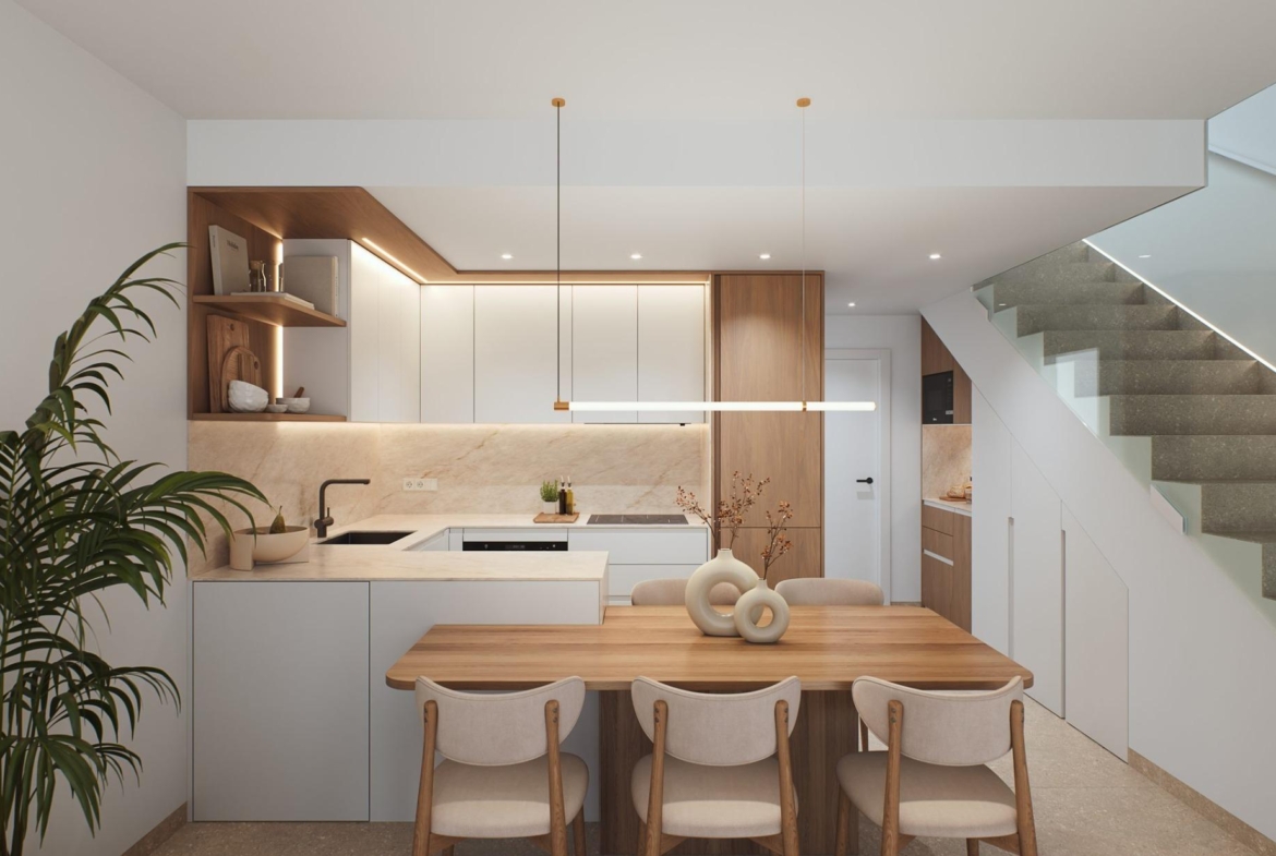 Contemporary-style-townhouses-with-private-swimming-pools-7 Open-plan kitchen and dining space with island, pendant lights and staircase to upper floor