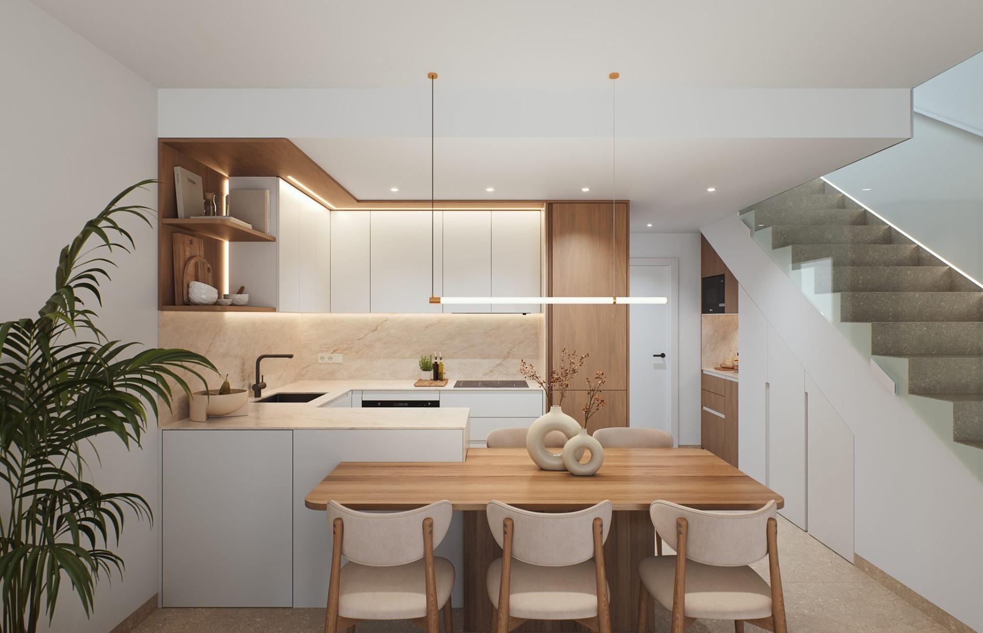 Contemporary-style-townhouses-with-private-swimming-pools-7 Open-plan kitchen and dining space with island, pendant lights and staircase to upper floor