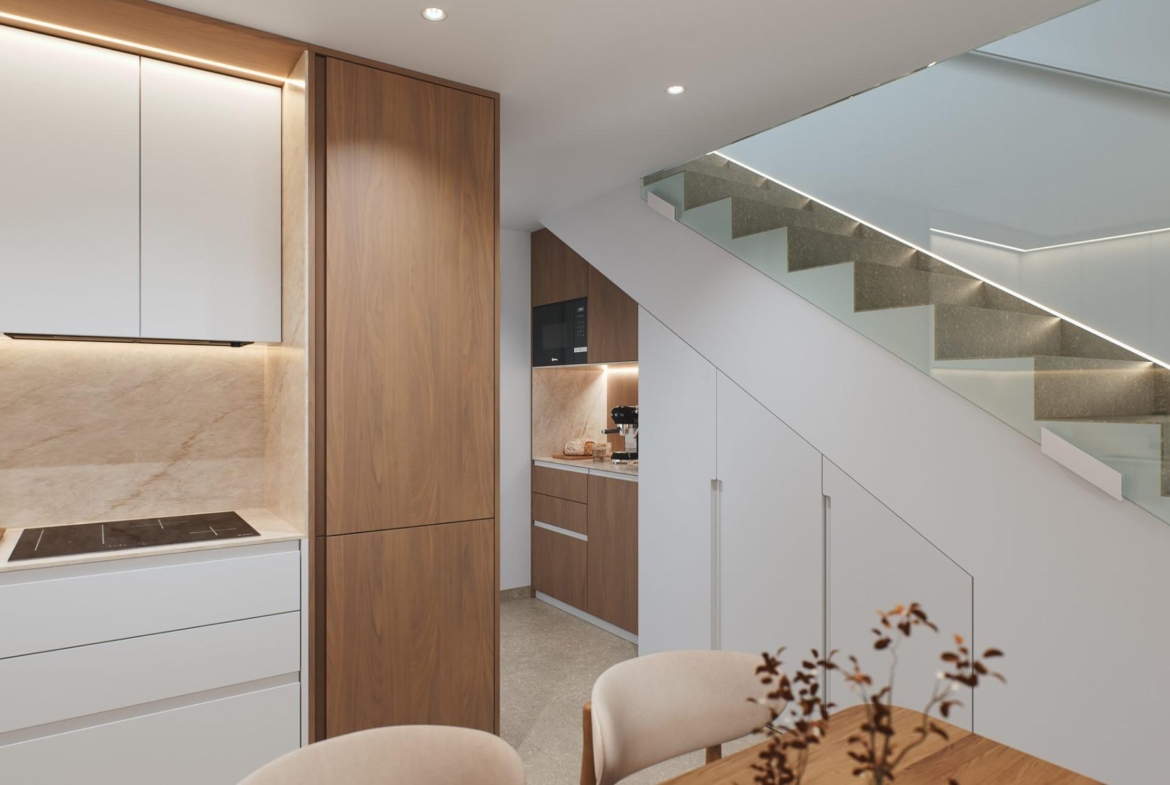 Contemporary-style-townhouses-with-private-swimming-pools-8 Modern kitchen with wooden cabinets, induction hob and glass-railed staircase