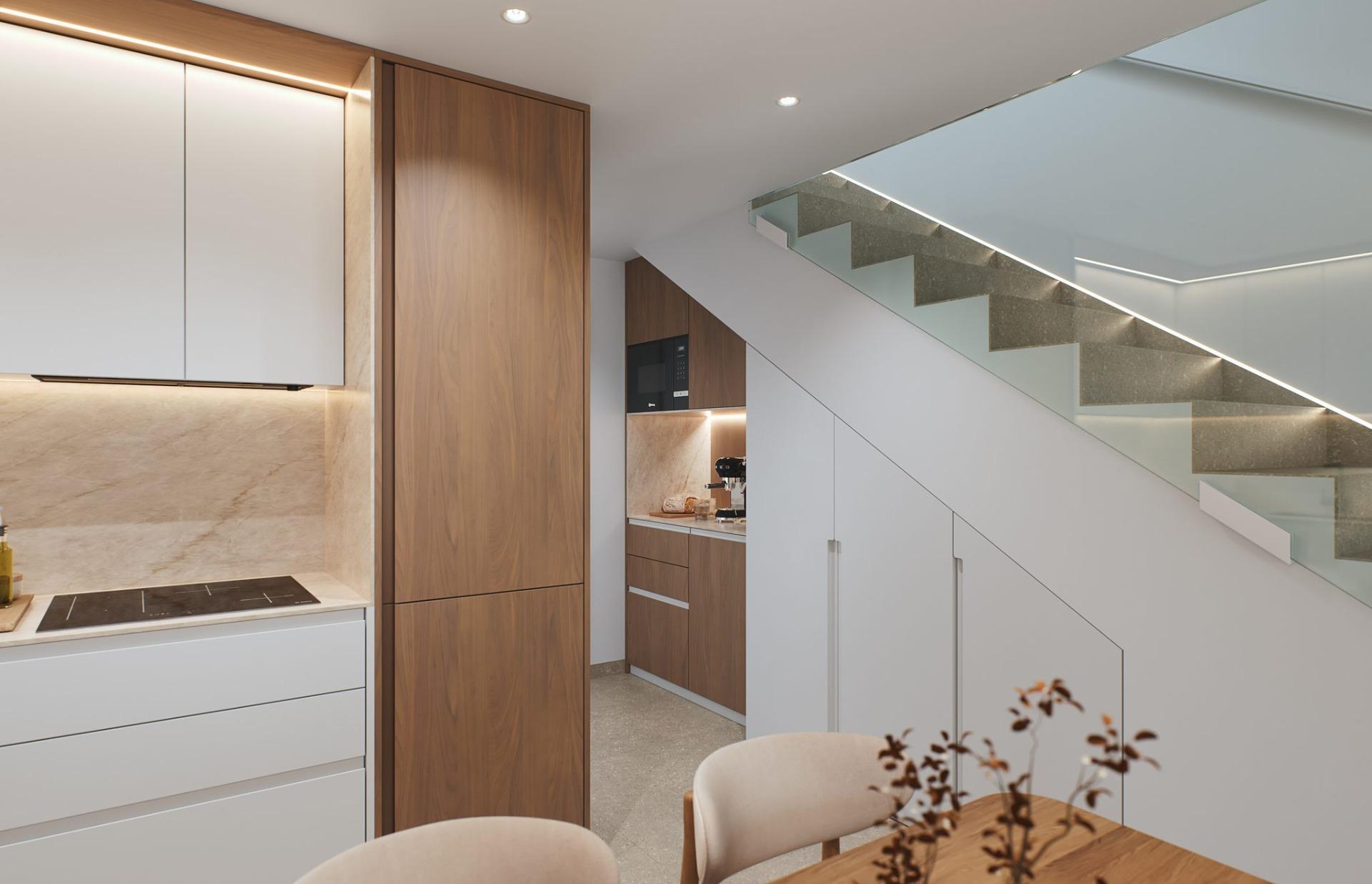 Contemporary-style-townhouses-with-private-swimming-pools-8 Modern kitchen with wooden cabinets, induction hob and glass-railed staircase