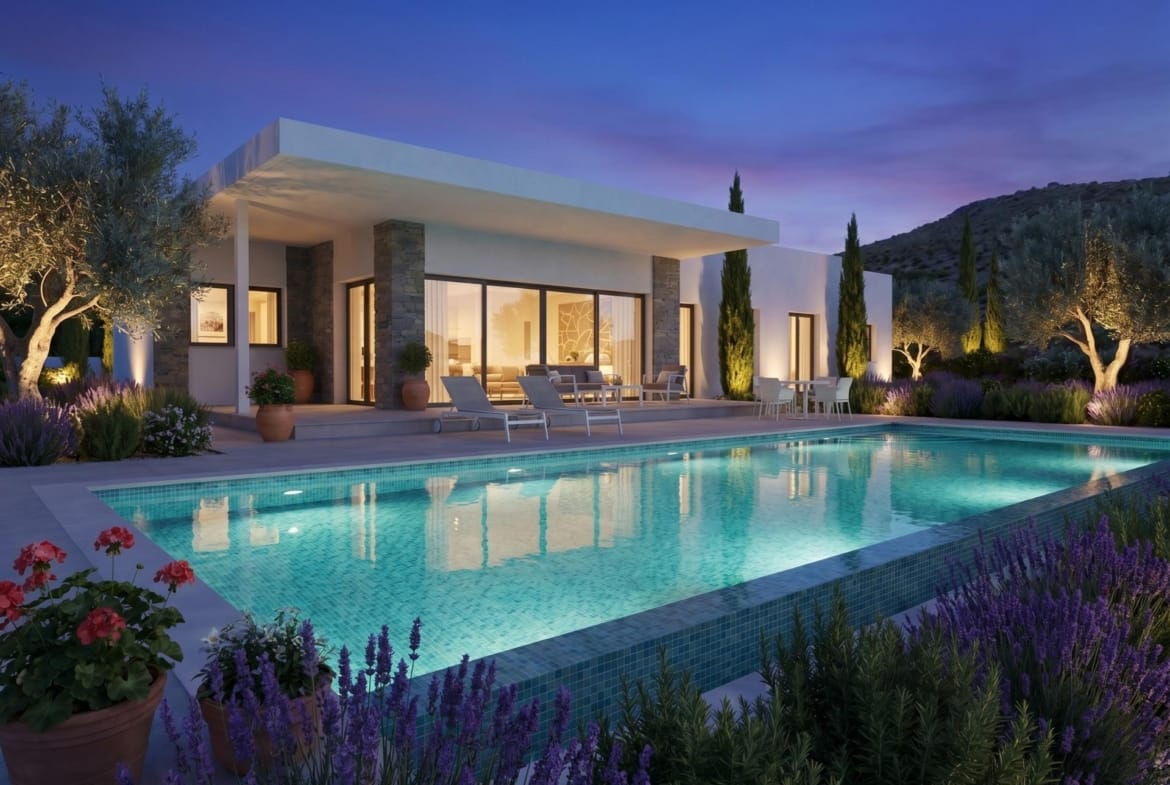 Illuminated pool at a single-storey country villa in Pinoso, Alicante