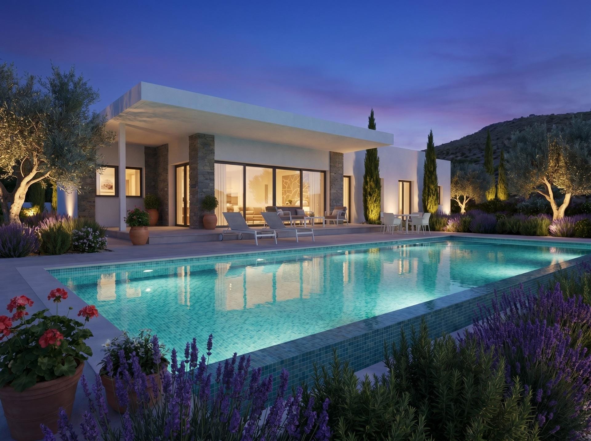 Illuminated pool at a single-storey country villa in Pinoso, Alicante