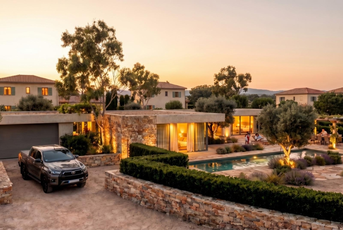 Aerial entrance view of a custom build villa with closed garage in Pinoso