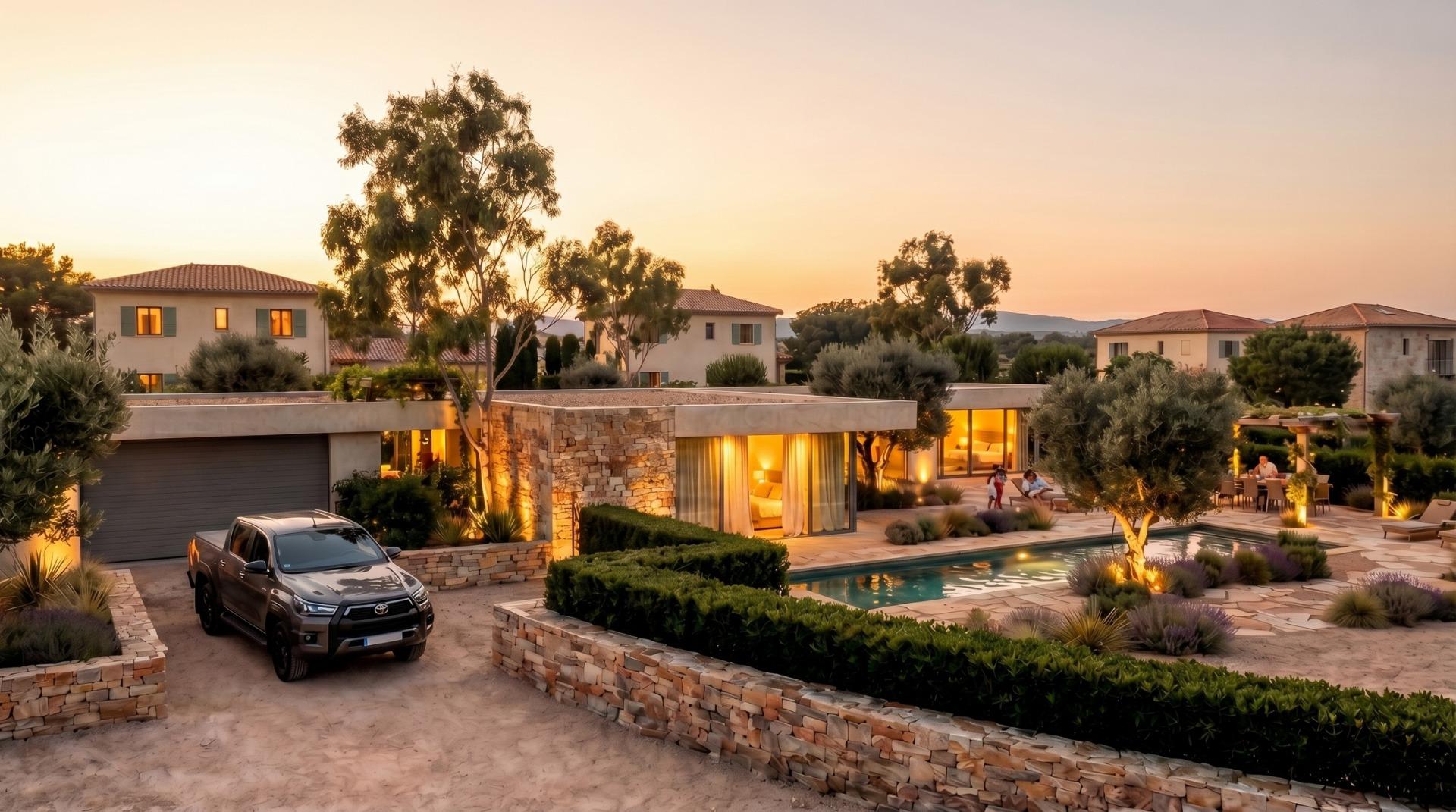Aerial entrance view of a custom build villa with closed garage in Pinoso