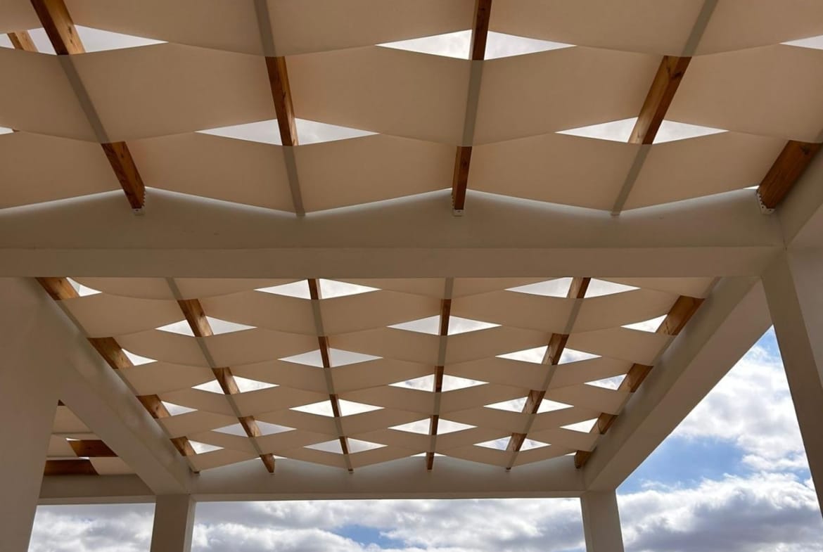 Geometric shade panels above a villa terrace in Pinoso, Alicante