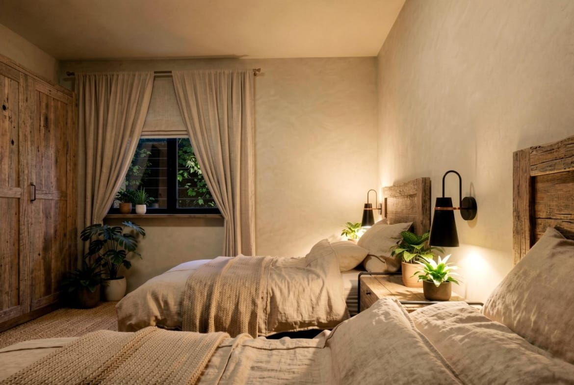 Twin bedroom in a spacious villa with land in Pinoso, Alicante