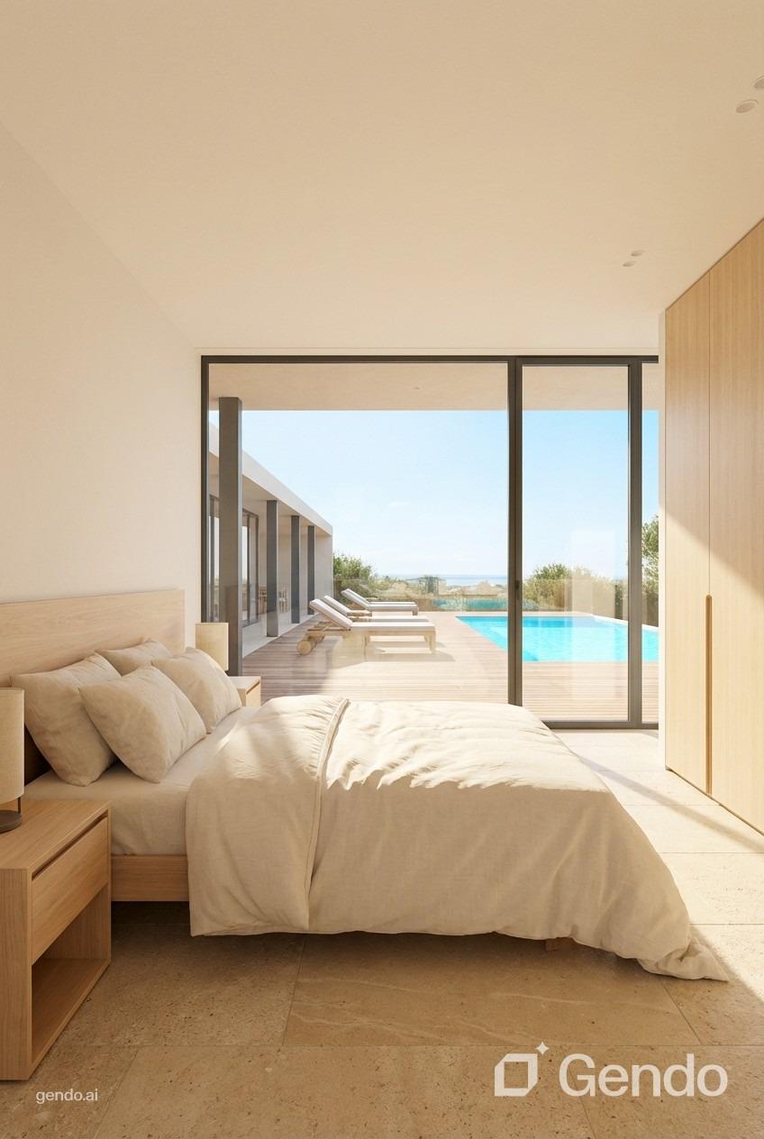 Bedroom overlooking the private pool at a country villa in Pinoso