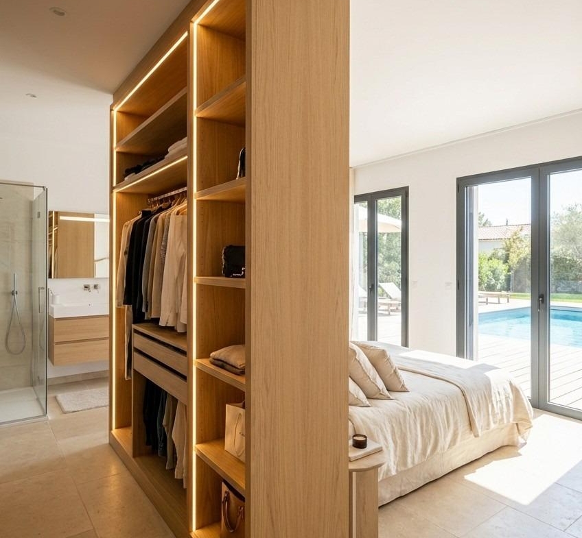 Open dressing area between the bedroom and en-suite bathroom in Pinoso