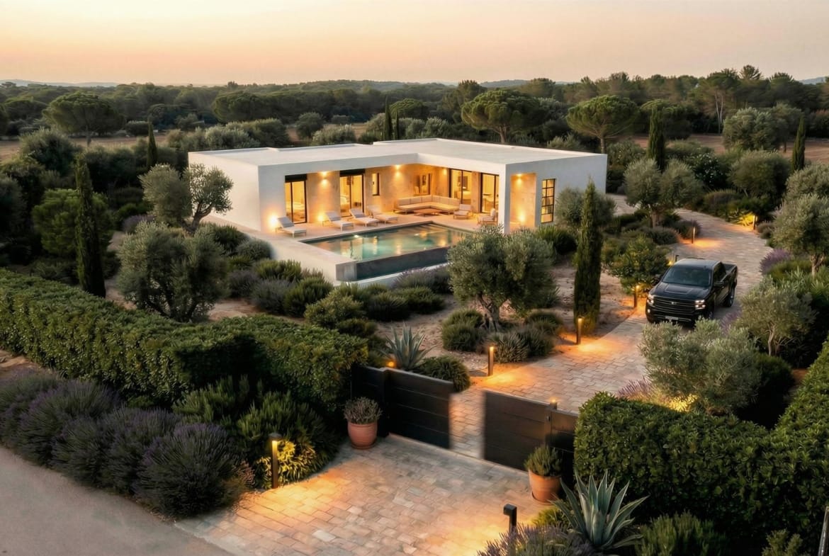 Aerial dusk view of a villa with private pool in Pinoso, Alicante