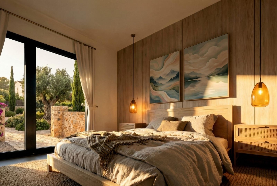 Main bedroom with garden doors in a custom build Pinoso villa