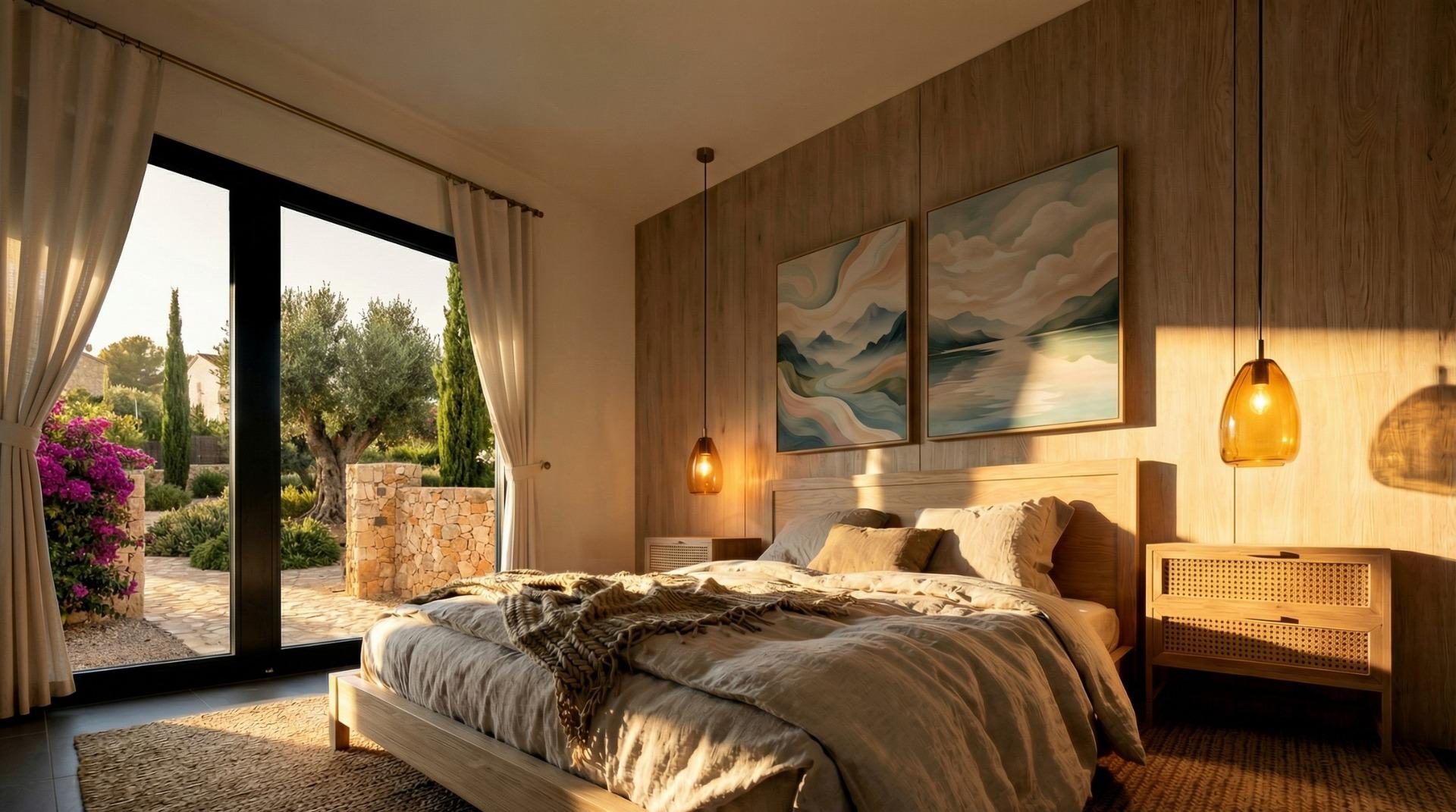 Main bedroom with garden doors in a custom build Pinoso villa