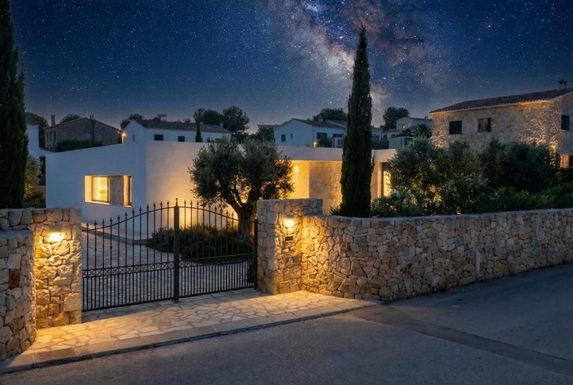 Gated entrance to a Pinoso villa illuminated at night, Alicante