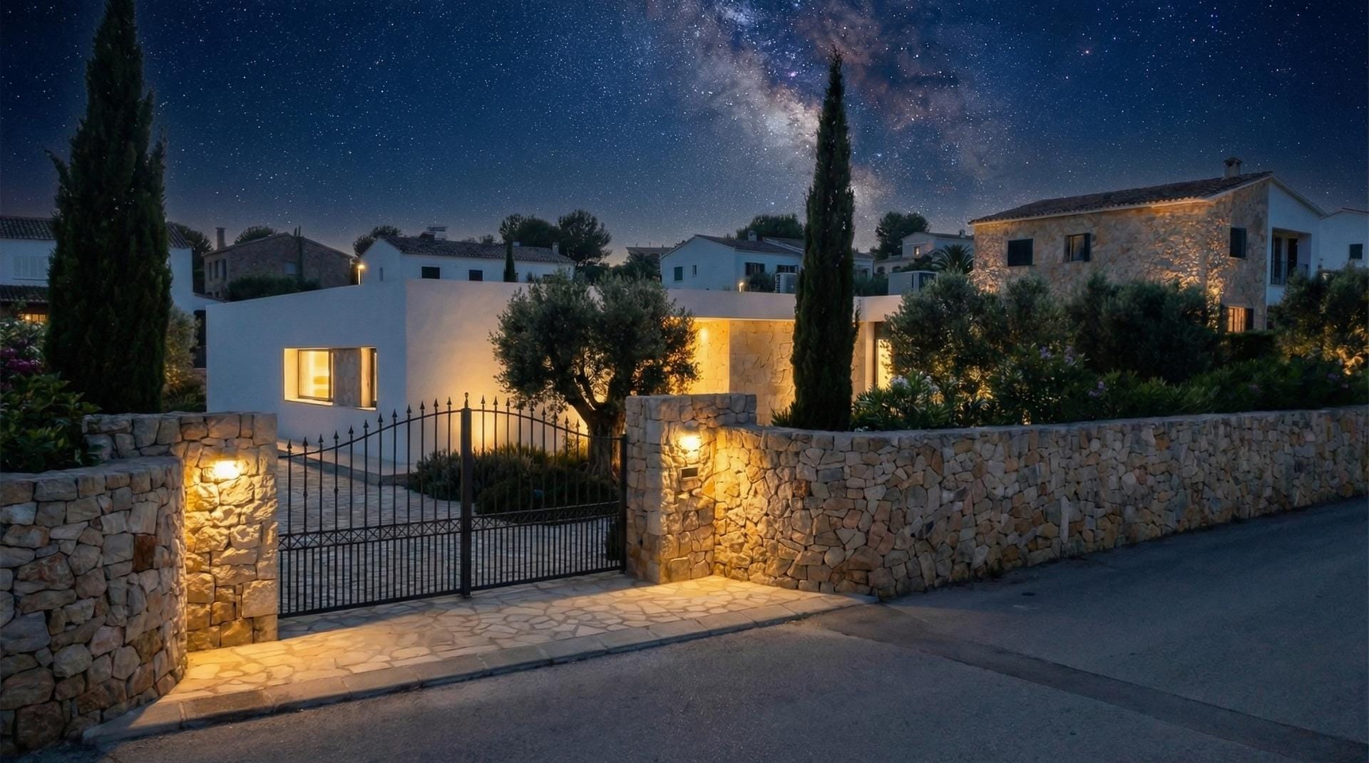 Custom-Built-New-Villas-in-Pinoso-Alicante-Spacious-Homes-in-Natural-Surroundings-15 Gated entrance to a Pinoso villa illuminated at night, Alicante