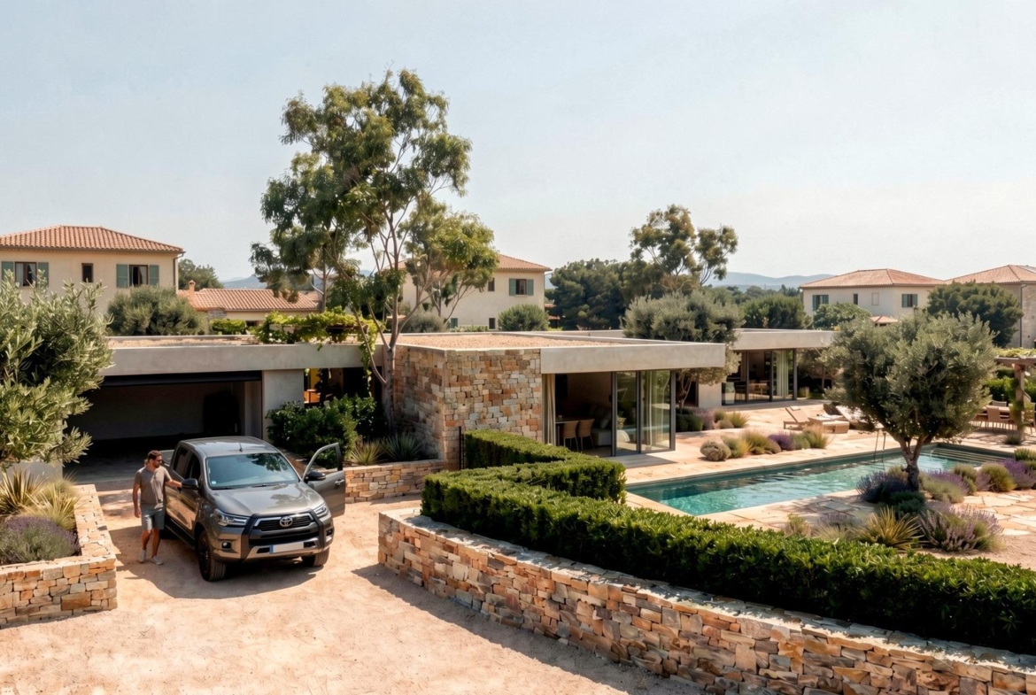 Closed garage and driveway at a country villa in Pinoso