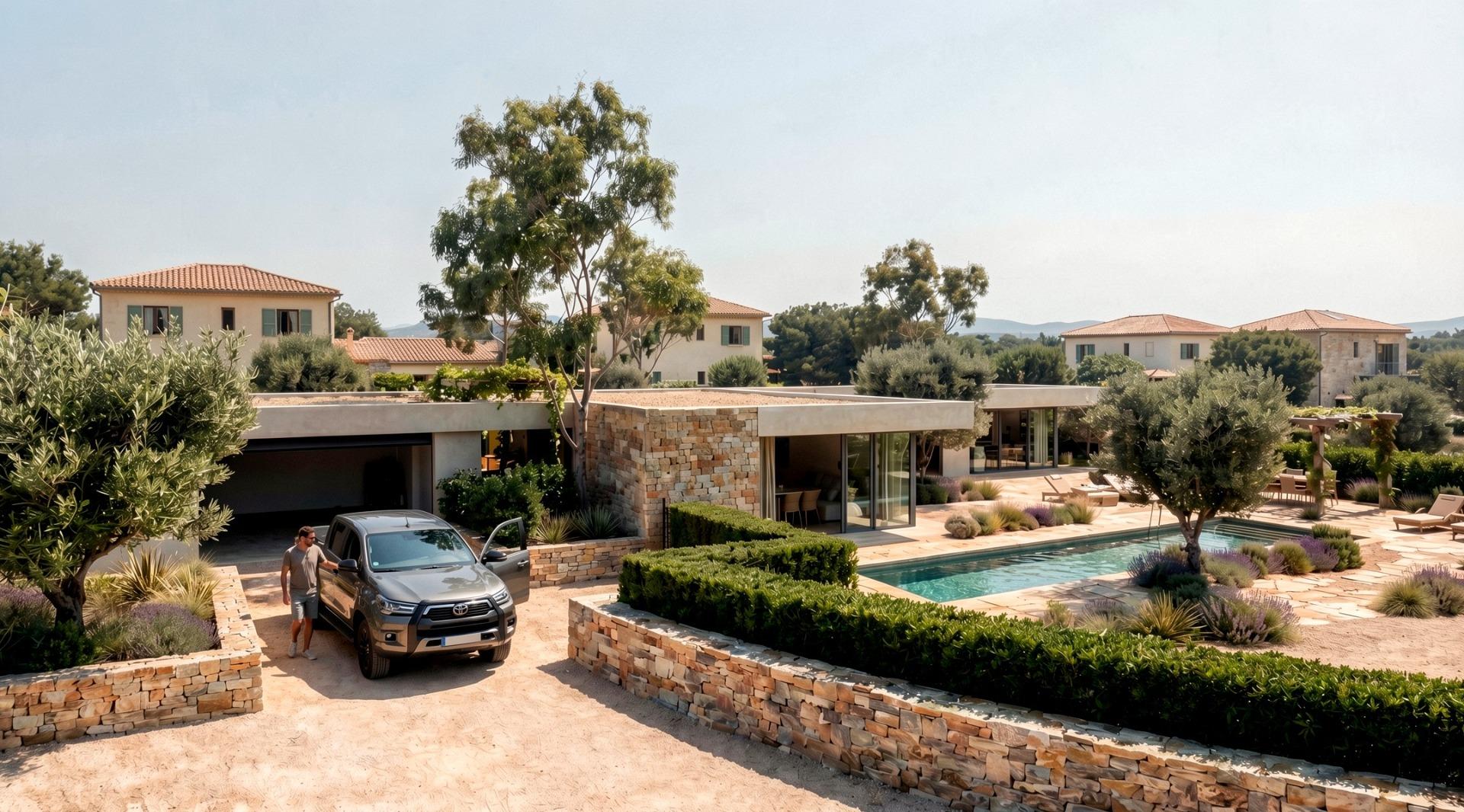 Closed garage and driveway at a country villa in Pinoso