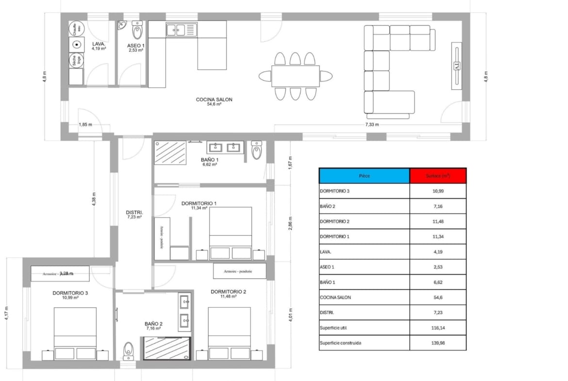 Floor plan of a 3 bedroom villa with land in Pinoso, Alicante