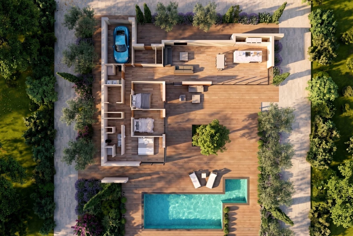 Top-down view of a villa with land and pool in Pinoso, Alicante