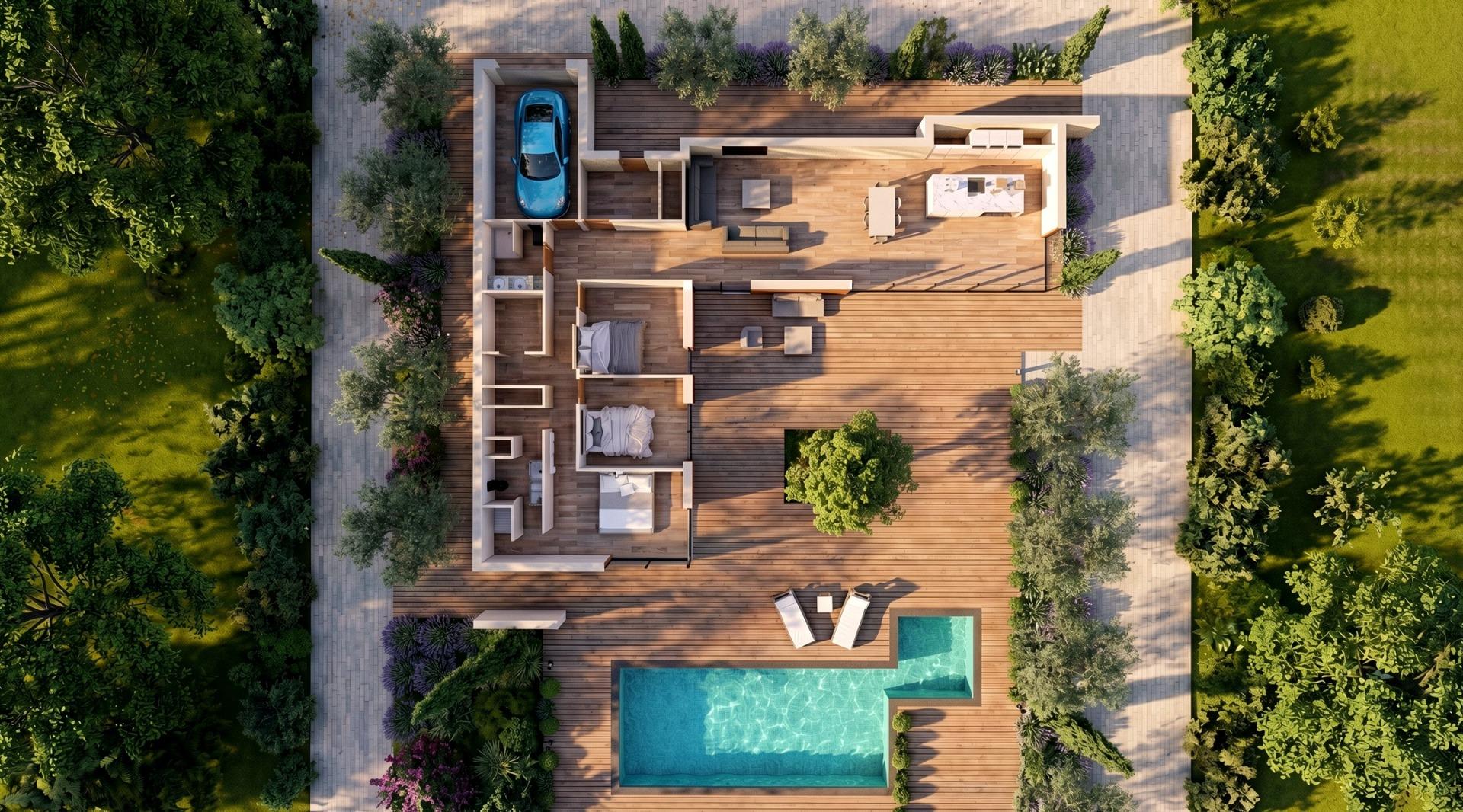 Top-down view of a villa with land and pool in Pinoso, Alicante